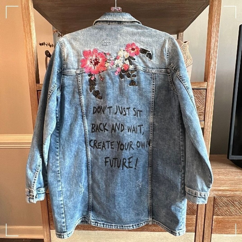 Floral Embroidered Denim Jacket Light Wash Longline Distressed Graphic Quote